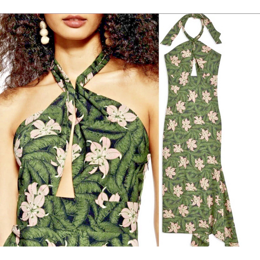 Topshop Green Tropical Hibiscus Floral Halter Midi Dress Size 6 Vacation Resort